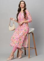 Cotton Pink Casual Wear Printed Readymade Kurti With Pant